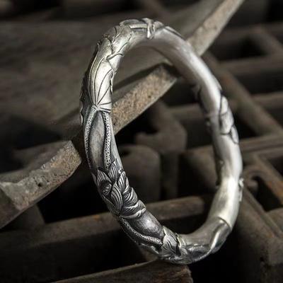 Embossed Lotus Silver Bracelet with Opening, Women's Ethnic Style Bracelet, Retro Solid Round Bracelet, Temperament