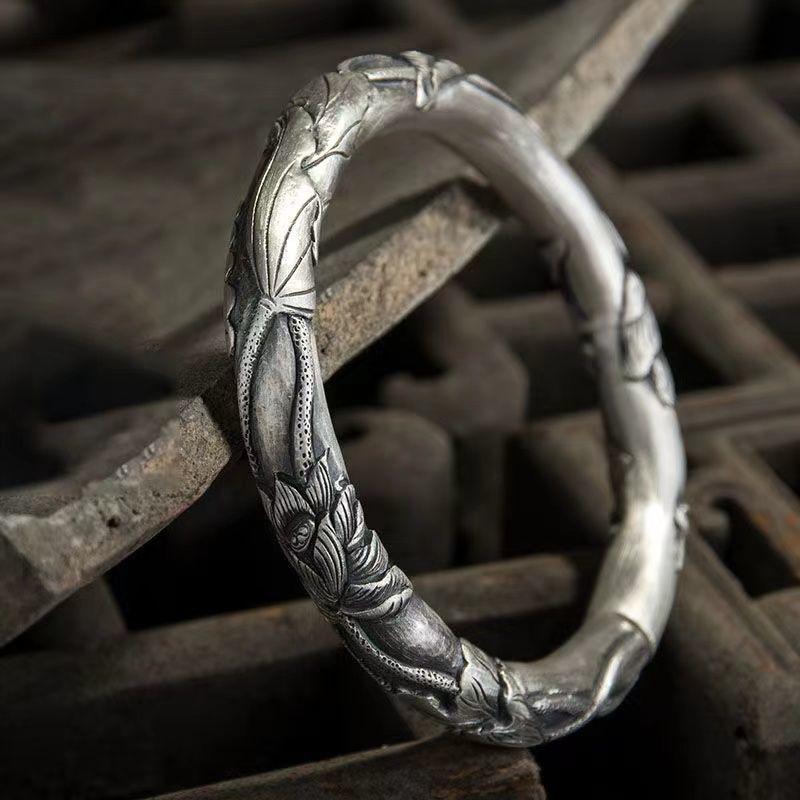 

Тисненый серебряный браслет Lotus с открытием, женский браслет в этническом стиле, ретро сплошной круглый браслет, темперамент 18CM серебряный