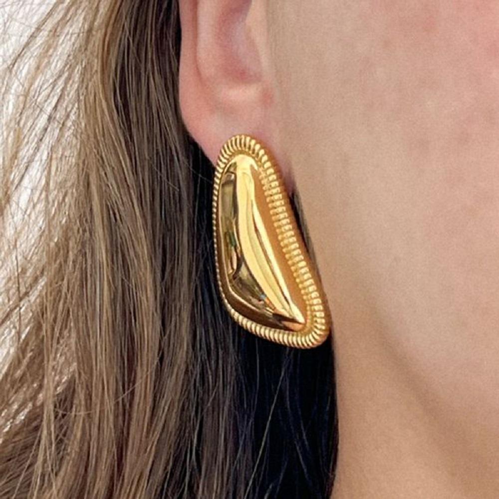 Vintage Stainless Steel Trapezoid Square Wing Geometric Stud Earrings for Women Gold Plated Striped Pleated Texture Jewelry