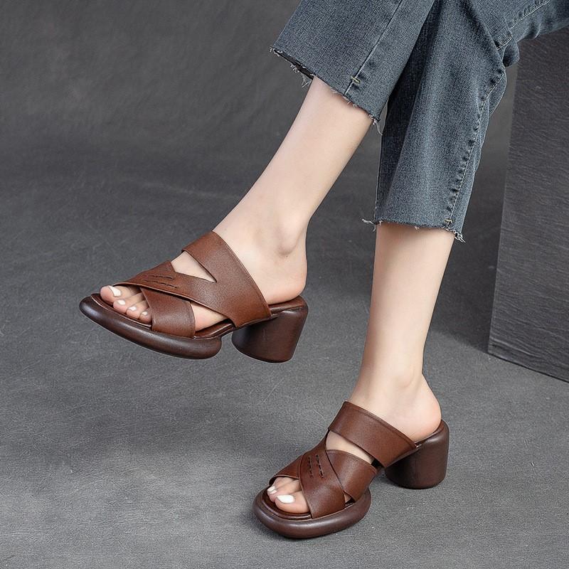 Hollow Out Oddychające kapcie na wysokim obcasie Prawdziwej skóry Peep Toe Casual Slajdy Wszechstronne buty damskie
