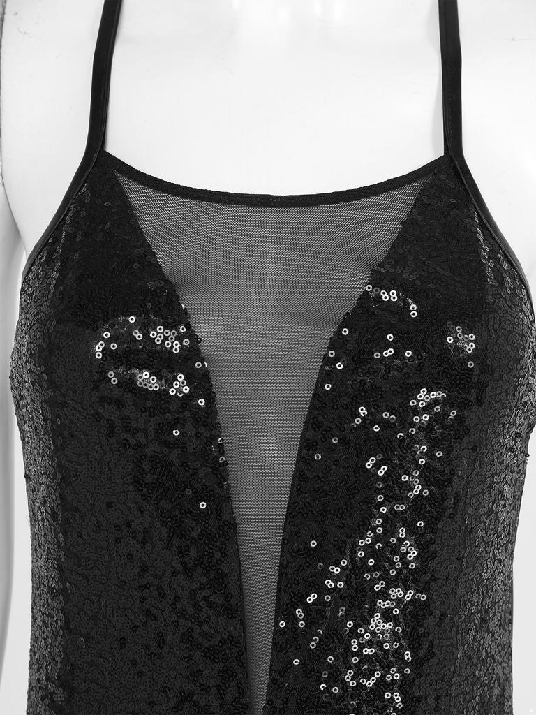 Ladies Latin Performance Leotard S-XXL Sequins Fringe Cross Back with 1 Pair Gloves for Tango Rumba Cha-Cha Samba Dance