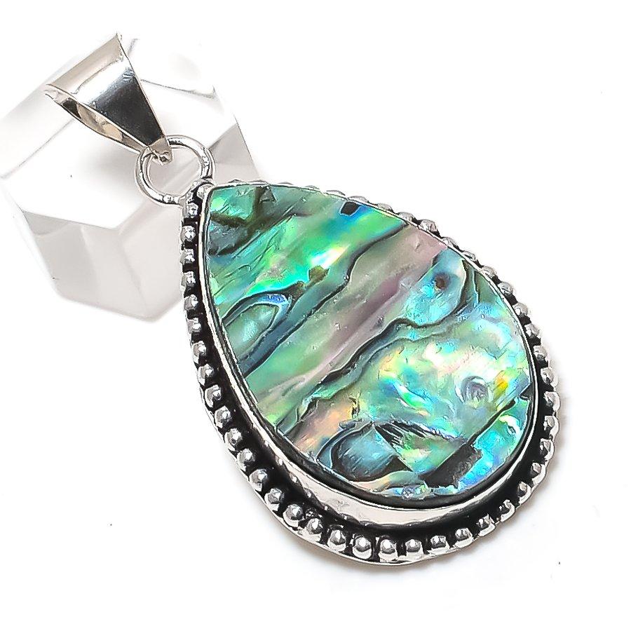 Natural Abalone Shell Gemstone 925 Sterling Silver Jewelry Pendant 2.09" f0D33