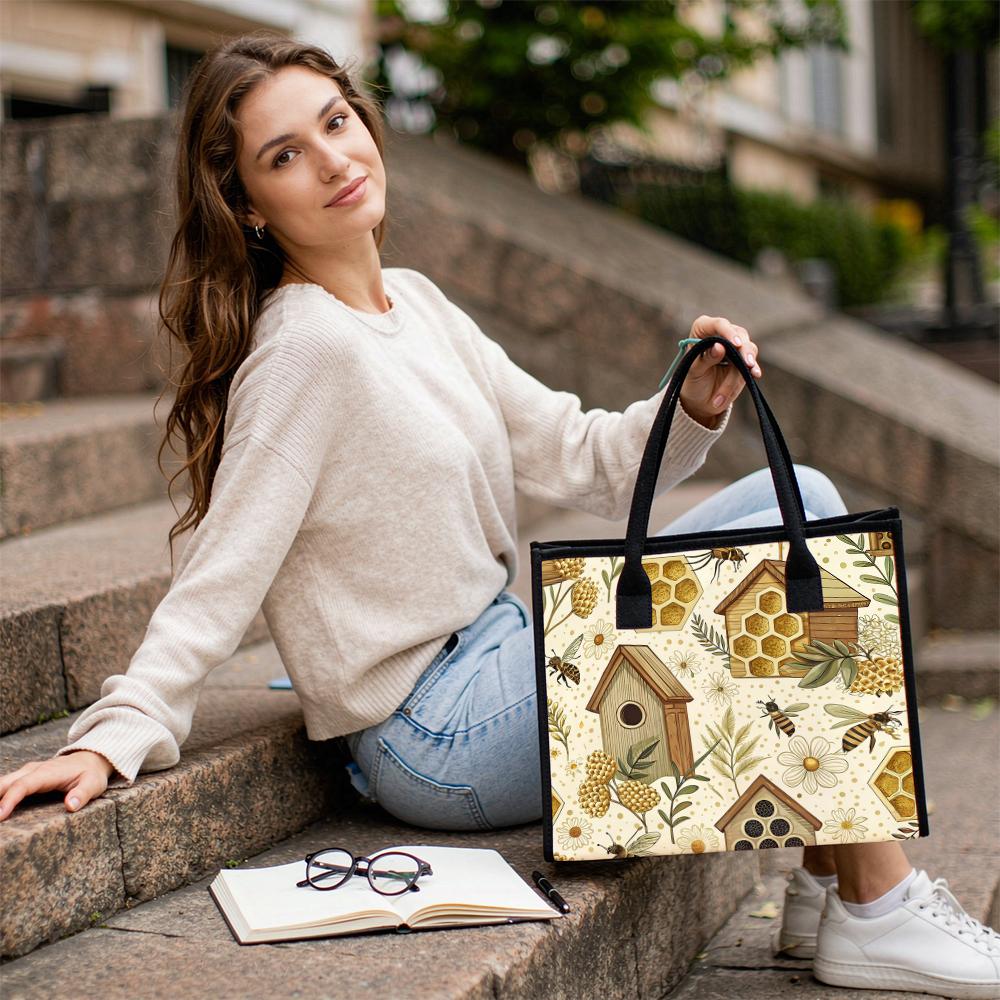 Bee Pattern Tote Bag Cute Outdoor Daily Use Portable Stylish Handbag For Women 