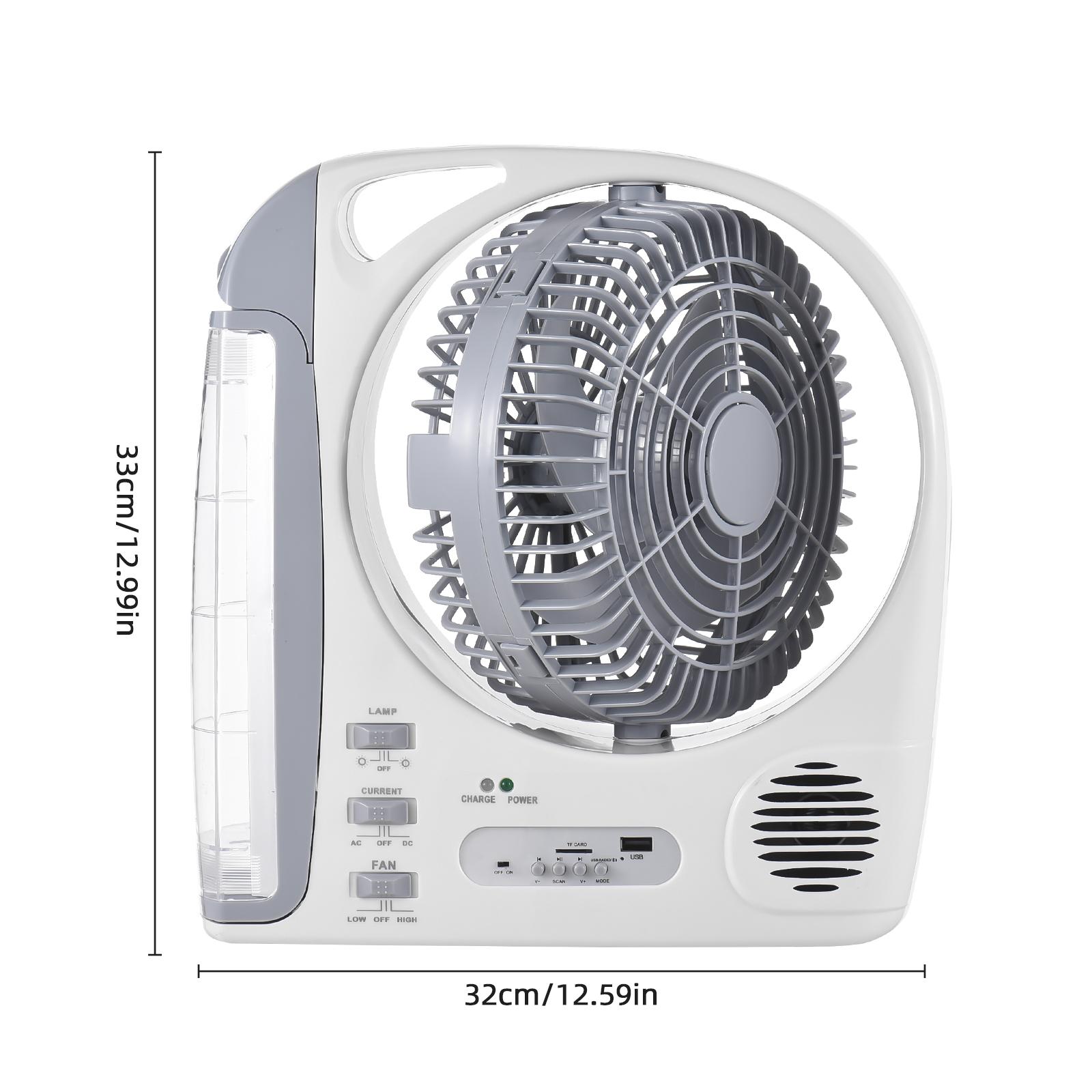 

Multifunctional 6-in-1 Portable Fan LED Light Solar Rechargeable 2 Speed Brightness Adjustable Support TF Card/USB/FM Radio/BT белый