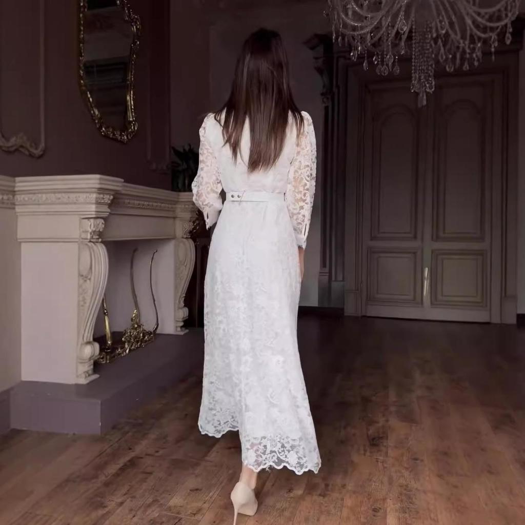 Sexy Lace See-Through Polo Collar Button-Up Long-Sleeved Dress