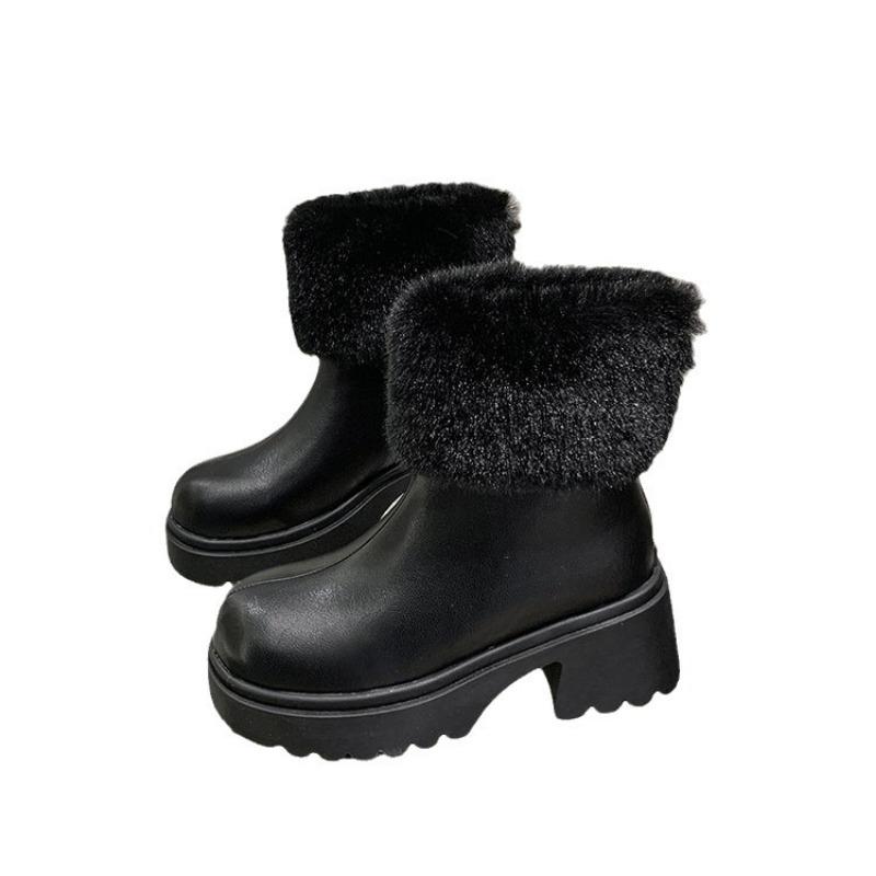 Herbst und Winter neue Mode Stiefel runde Spitze Reißverschluss hinten mittlerer Absatz dünne Martin Stiefel große Größe kurze flauschige Stiefel