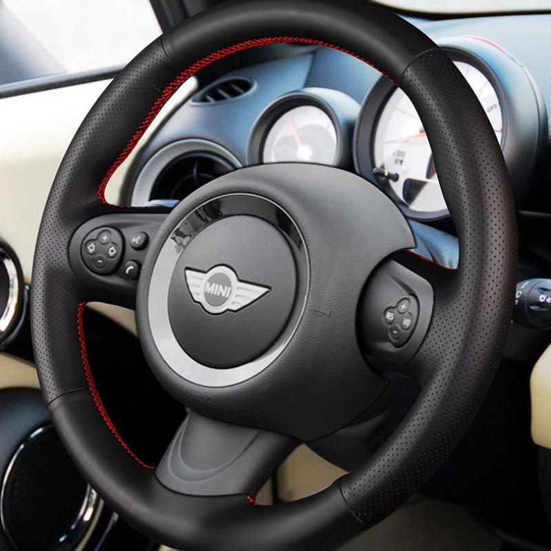 

For Mini POADSTER PACEMAN COUPE R56 R57 Hand-stitched black Leather Non-slip car Steering Wheel Cover Red line style