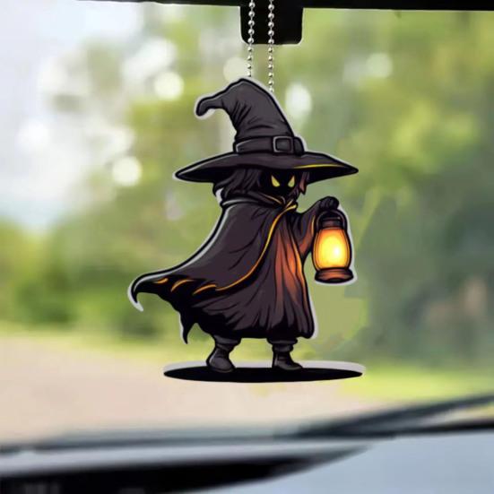 Halloween Car Rearview Mirror Charm Cartoon Bat/Cat/Ghost/Witch Acrylic Pendant 2D Flat Auto Interior Accessories for Cat Backpack Phone