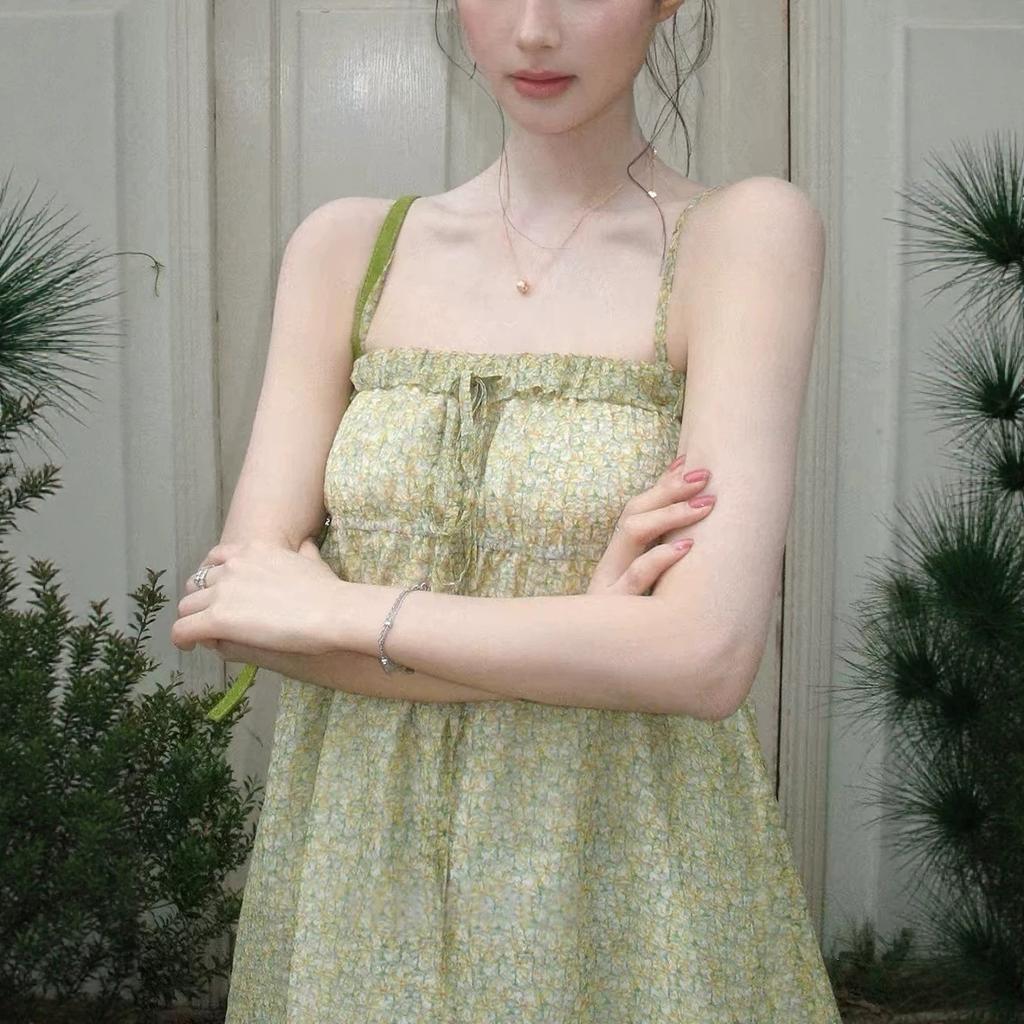 pleated floral suspenders women's summer gentle and sweet thin shoulder straps slim and thin top