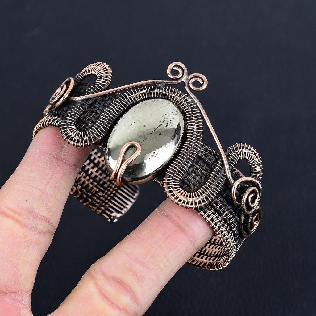 Golden Apache Pyrite Bangle, 999 Copper Wire Wrapped Jewelry, Gemstone Bangle Gift For Her Handmade Dainty Cuff Jewelry
