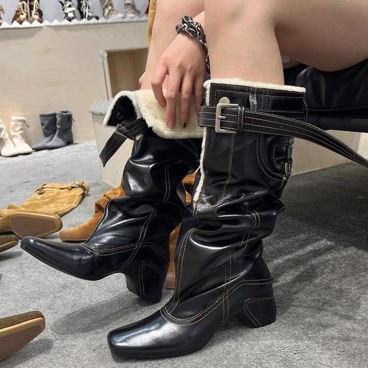 

Европейские и американские бархатные теплые пушистые с ворсом ковбойские сапоги новые ретро с большим обхватом голенища рыцарские сапоги 40 чёрный