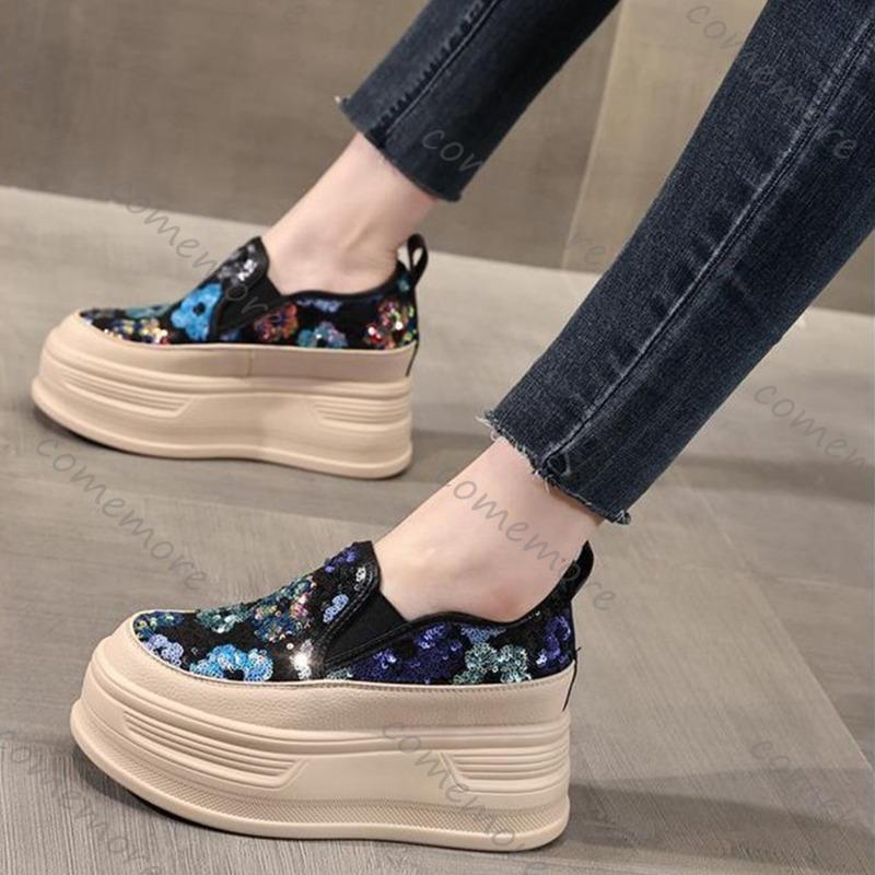 Fashion Comemore Sequin Flower Woman Platform Sneakers Wedge Shoes Female Height Increasing Ladies Breathable Casual Slip On Women Shoes