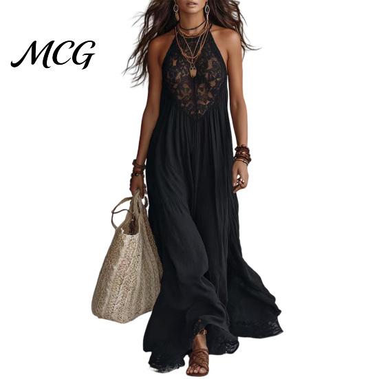 Pleated Skirt Women Women's Sheer Lace Halter Maxi Dress, Sleeveless Floral Off Shoulder Dress Patchwork A-line Long Summer Vacation Flowy Sundress