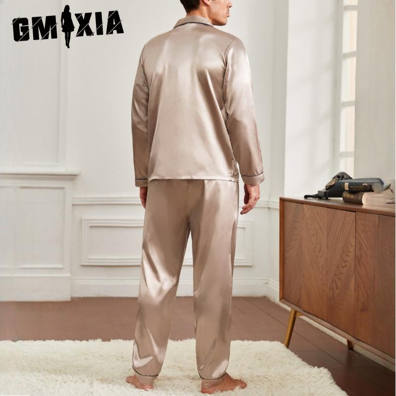 GMXIA Πολυτελής Ανδρική Φόρμα Σπιτιού Μακρυμάνικη Μακρύ Παντελόνι Σατέν Πιτζάμα Σετ Δύο Τεμαχίων