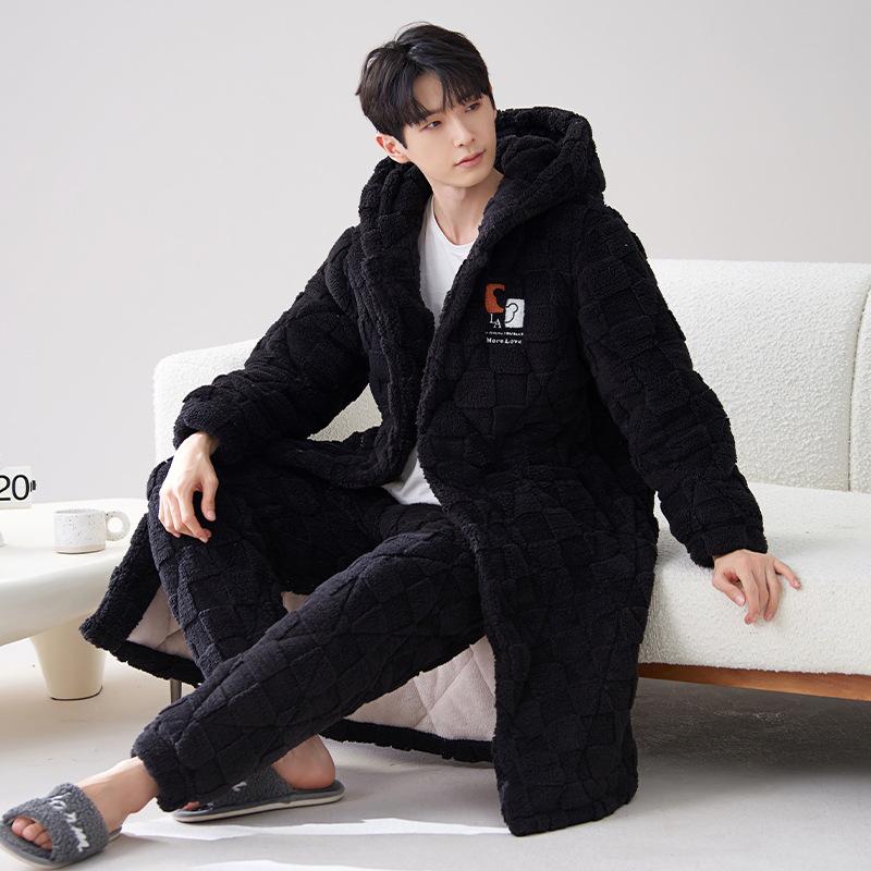 2024 Men's Quilted Winter Hooded Pajama Bathrobe - Warm, Thick Coral Fleece Outerwear