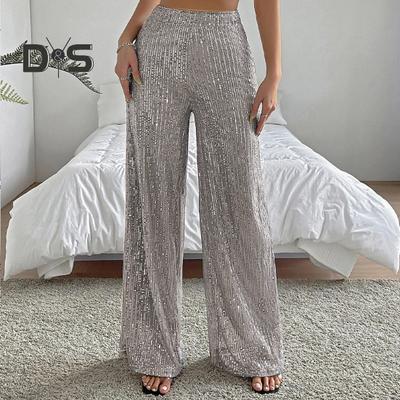 Women Nightclub Long Pants High Waist Sparkling Sequined Straight Wide Leg Pants Elastic Waist Loose Fit Solid Color Trousers