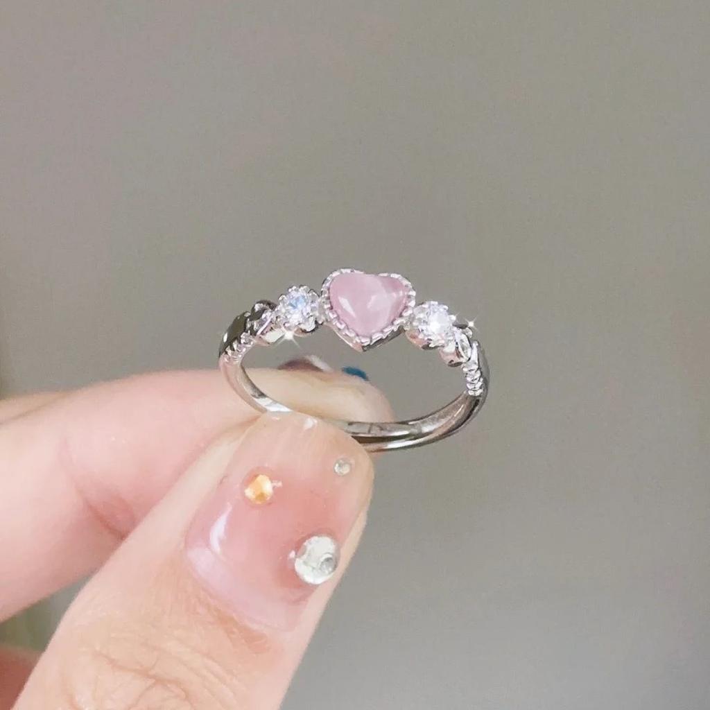 Trend Pink Love Heart Crystal Rings for Women Kpop Love Zircon Open Ring Irregular Grunge Aesthetic Egirl Rings Jewelry