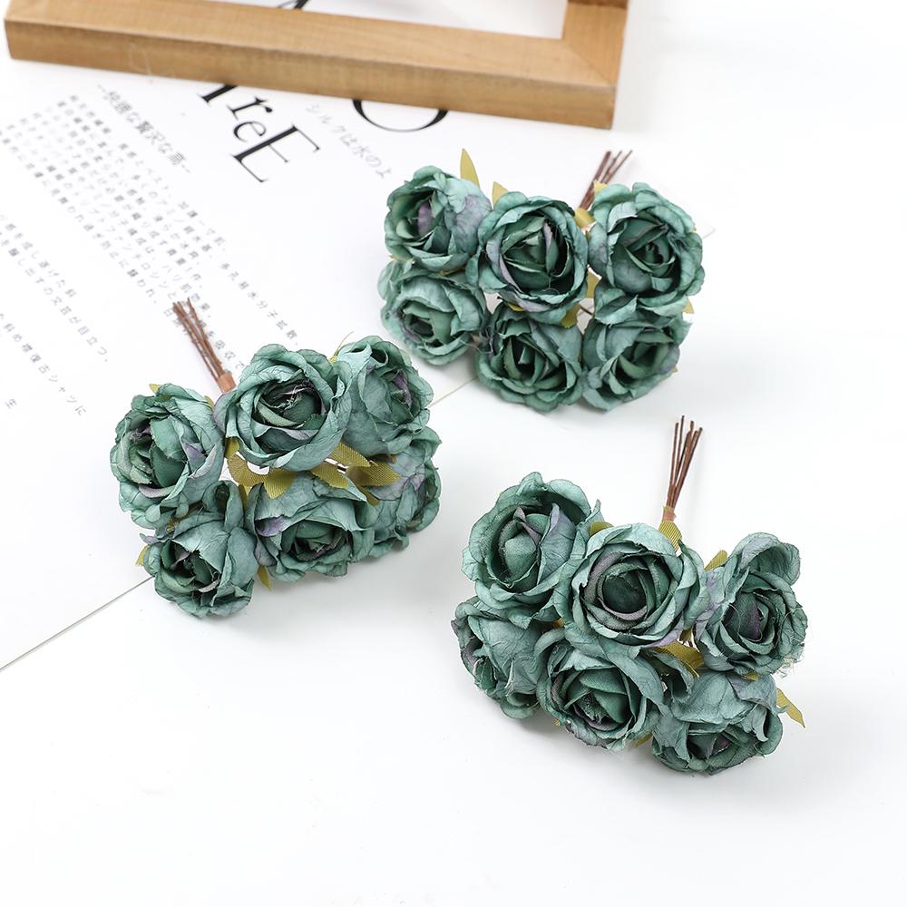 6 szt. Sztuczny Kwiat Mini Bukiet Róż do Dekoracji Domu Weselnego Ręcznie Robiony Scrapbooking DIY Wianki Rzemiosło Sztuczne Kwiaty