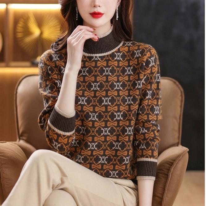 Half Turtleneck Color-blocking Sweater for Women In Autumn and Winter Jacquard Knitted Sweater Floral Casual Long-sleeved Pullover