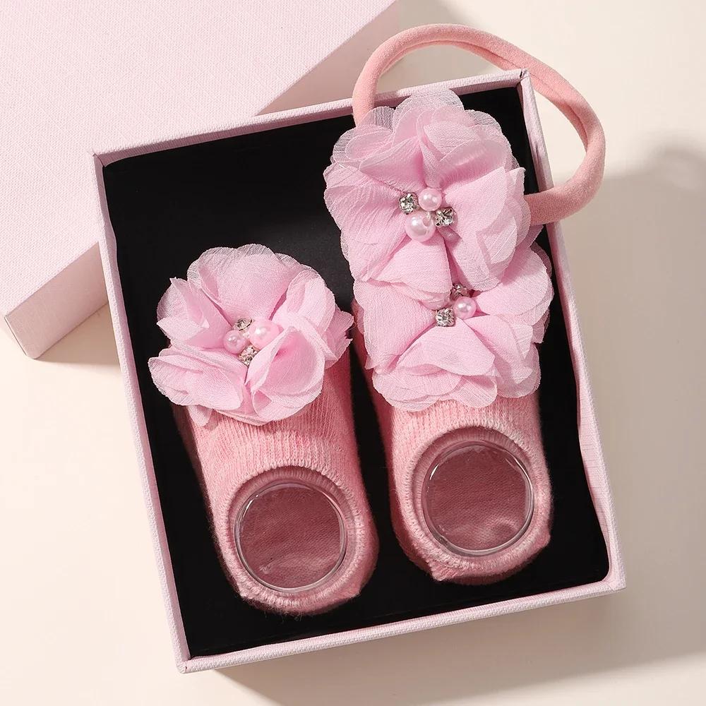 0-1Y Lovely Cartoon Baby Socks Hair Band Set Infant Toddler Non Slip Breathable Short Socks Newborn Headband Gift Photo Props