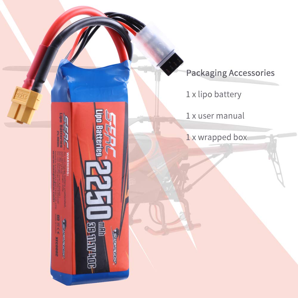 SUNPADOW 3S 11.1V LiPo Pack, 2250mAh 40C with XT60 Plug, for FPV and Drones