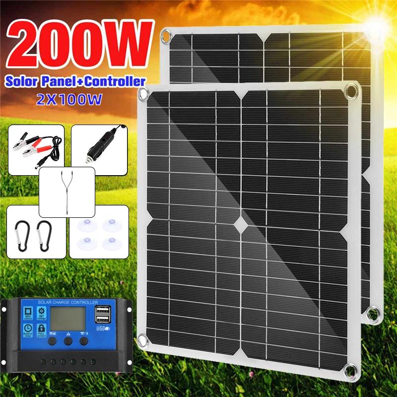 200W Solar Panel Kit With 60A Controller USB 12V Portable Solar Power Charger for Car Boat RV Bank Battery CampingSolar Plate