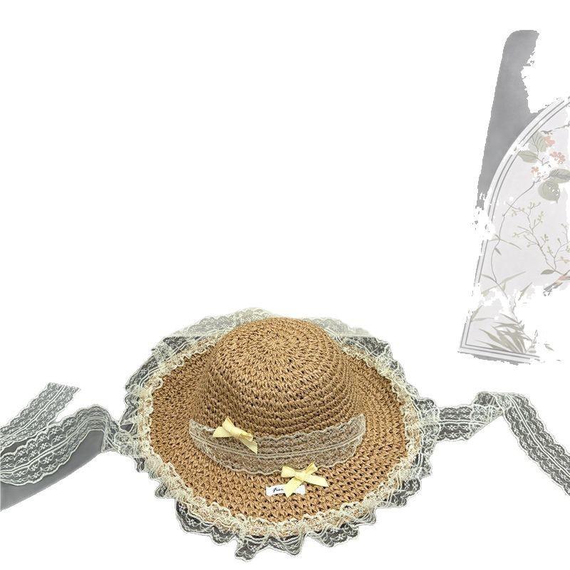 Sweet Mesh Lace-up Lace Streamer Straw Hat Women's Summer Seaside Vacation Wind Beach Hat Sunshade Children's Hat Parent-child