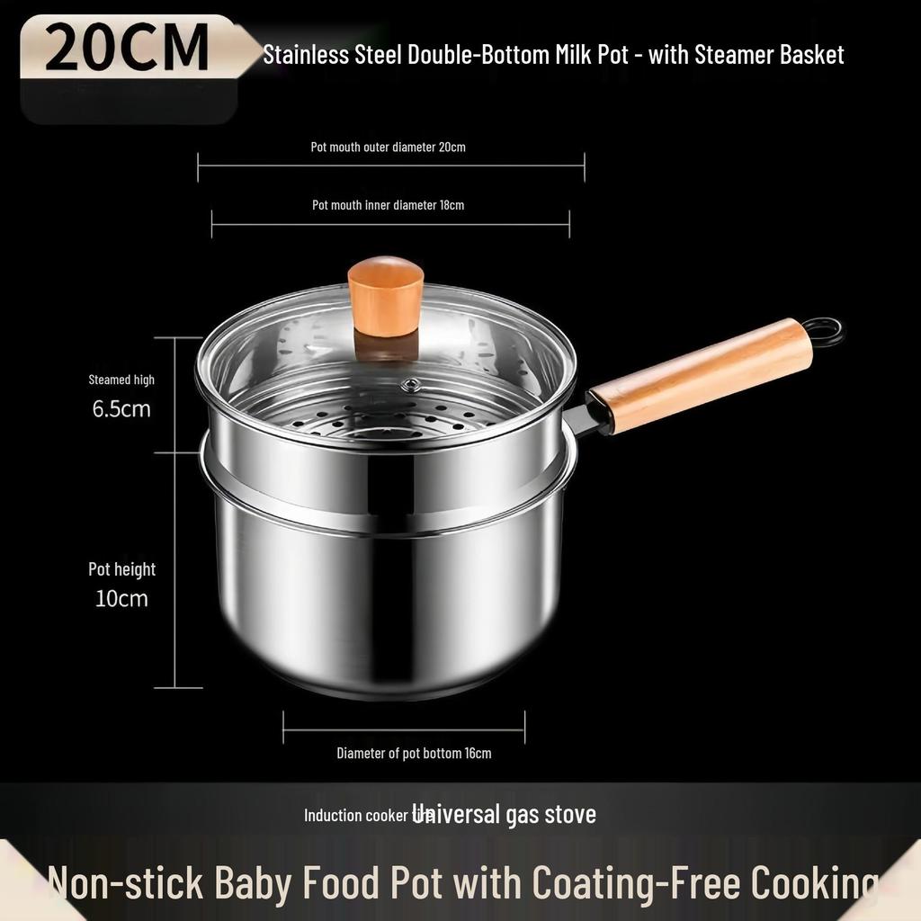 Stainless Steel Milk & Baby Food Pot with Thickened Base and Wooden Handle, Multi-functional Steamer Pot