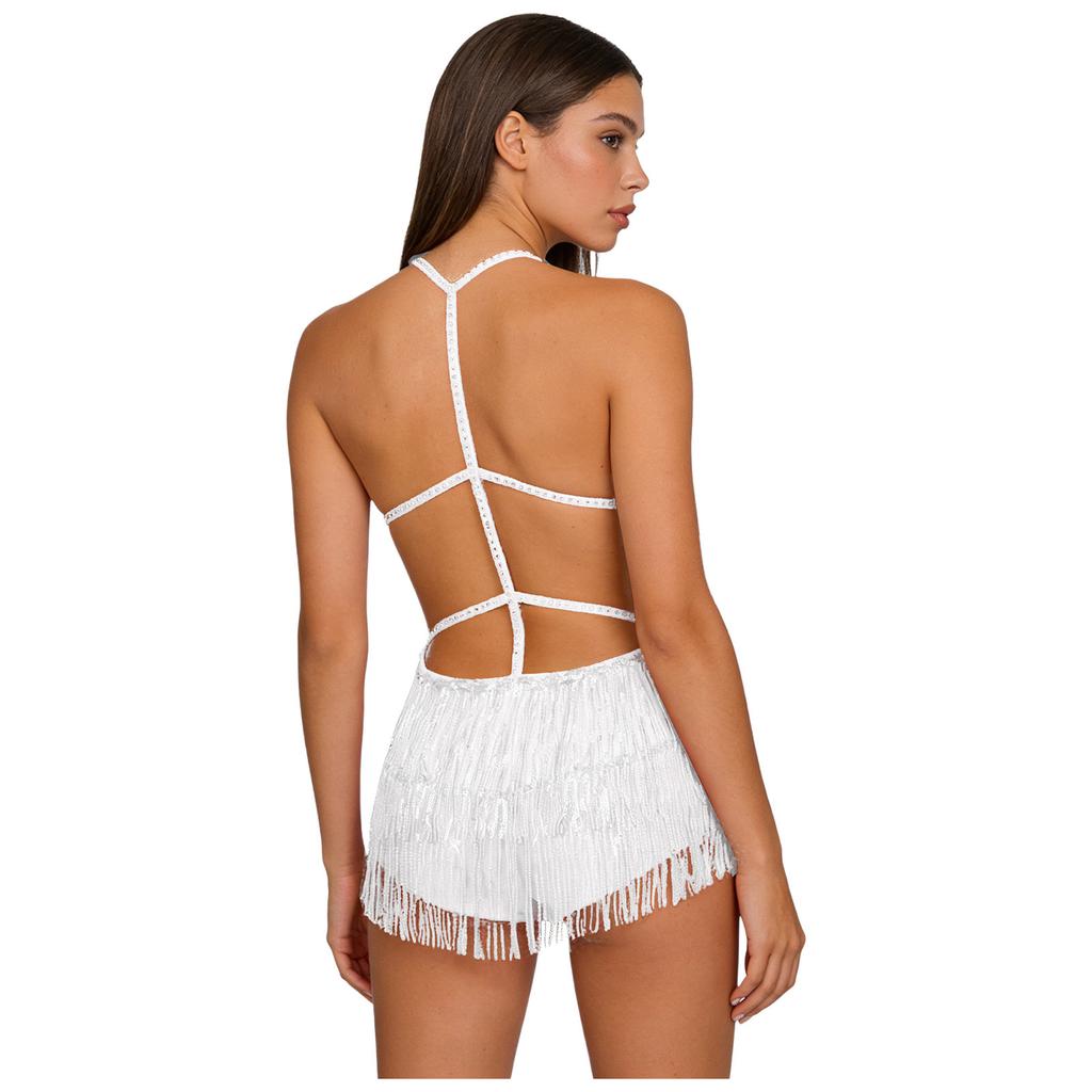 Damen Bauchtanz Bodysuit mit Fransen Pailletten Quasten Ausgeschnitten Rückenfrei Glänzend Jumpsuit