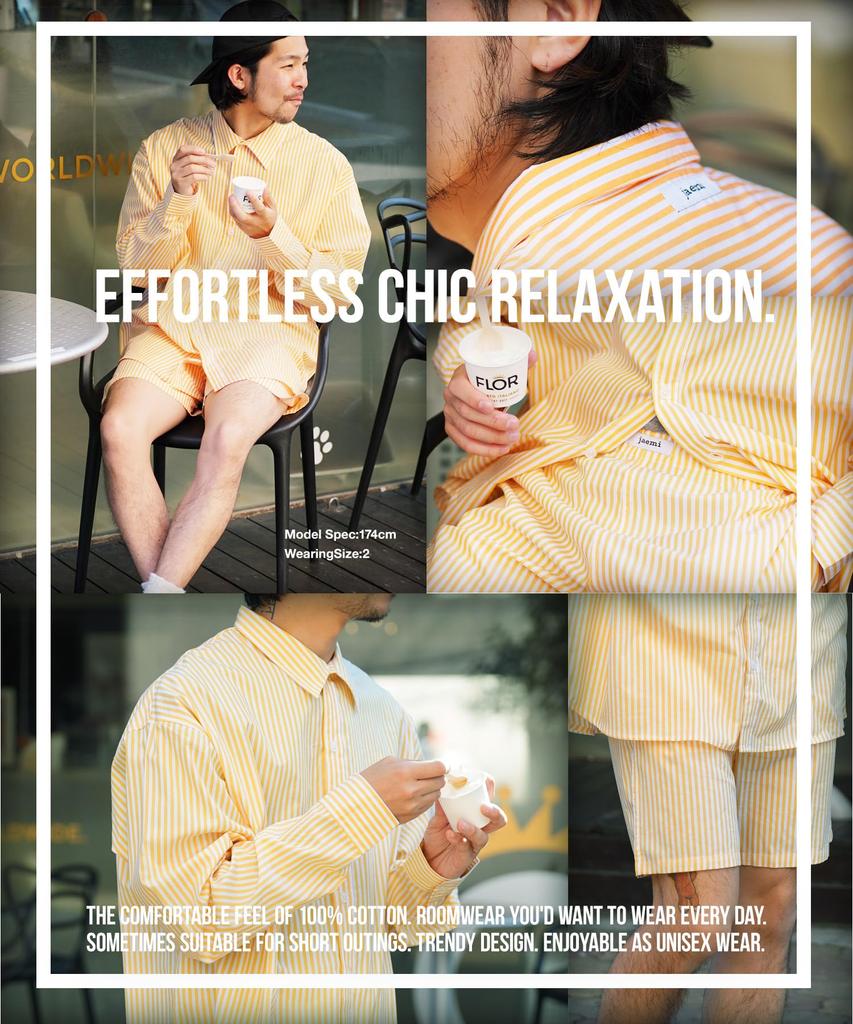 Feix Unisex Loungewear Half Special Solid Size Striped Yellow Set, Shorts, Pants, Button-Down Shirt, Cotton, Lightweight, Unisex, Collaboration,