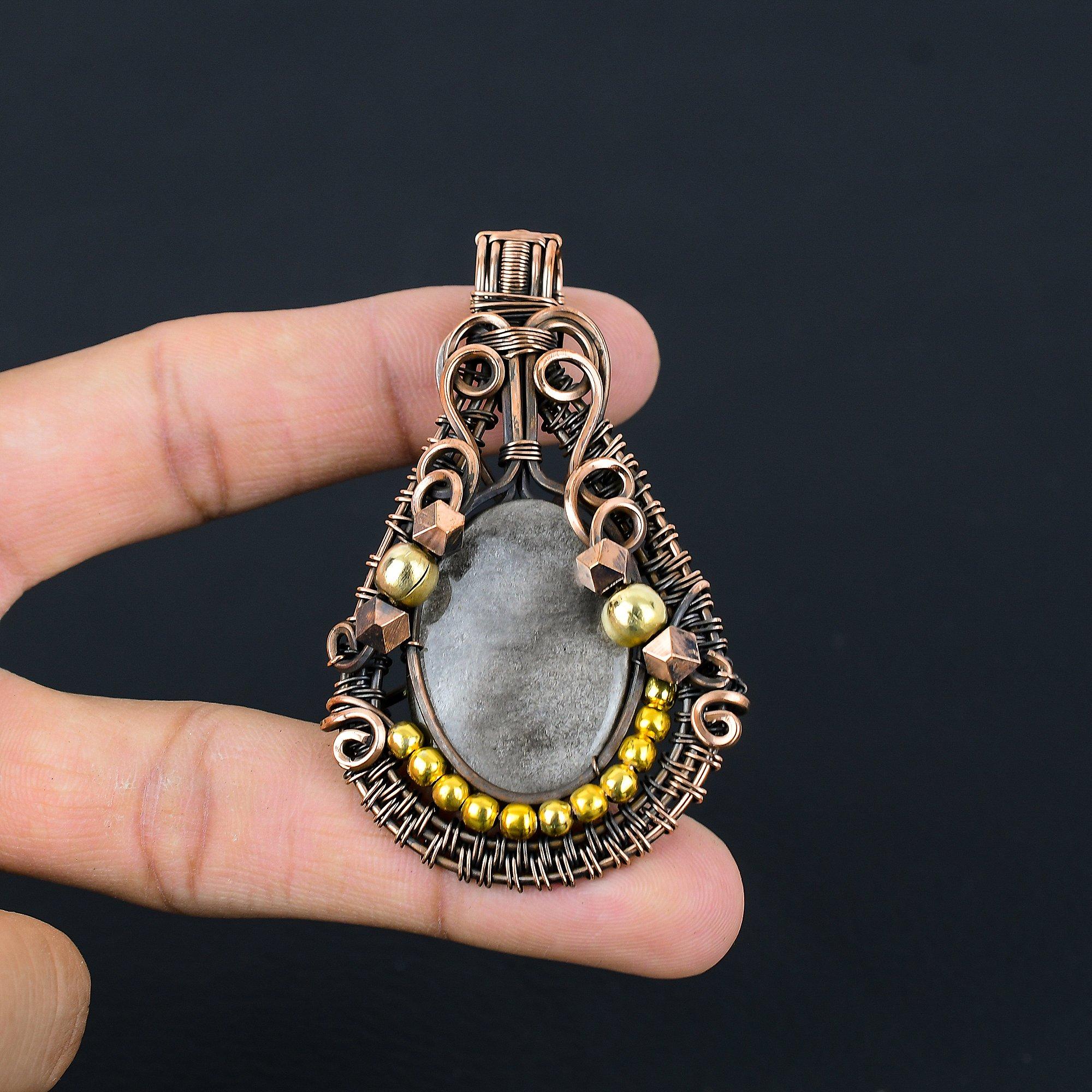 

Silver Sheen Obsidian Pendant, 999 Copper Wire Wrapped Pendant Handmade Gemstone Jewelry, Gifts For Wife Brand New Pendant 2.55 Inches