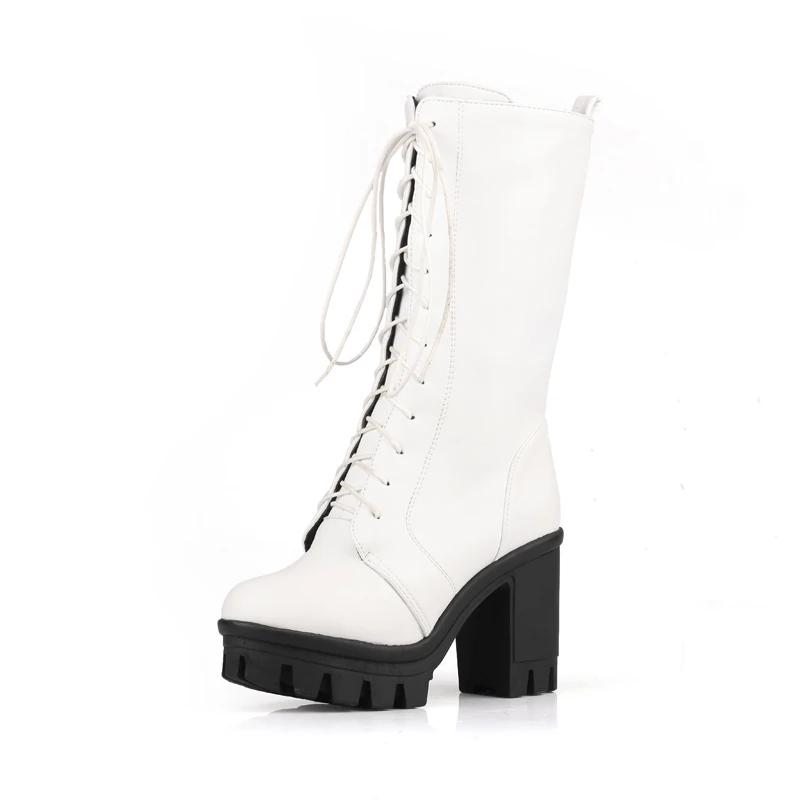 Autumn Winter White Mid-Calf Boots Lace Up Ladies Platform Boats Women High Heels Fashion Nightclub Patry Shoes