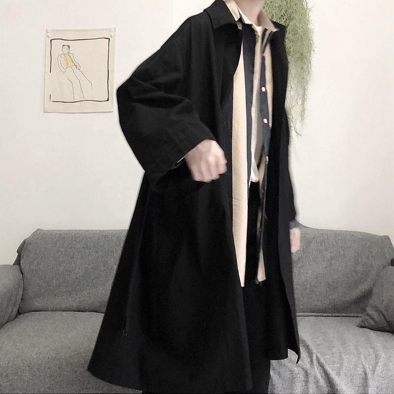 

Унисекс Черный Тренч Миди - Корейский и Гонконгский Стиль Демисезонная Верхняя Одежда 2XL