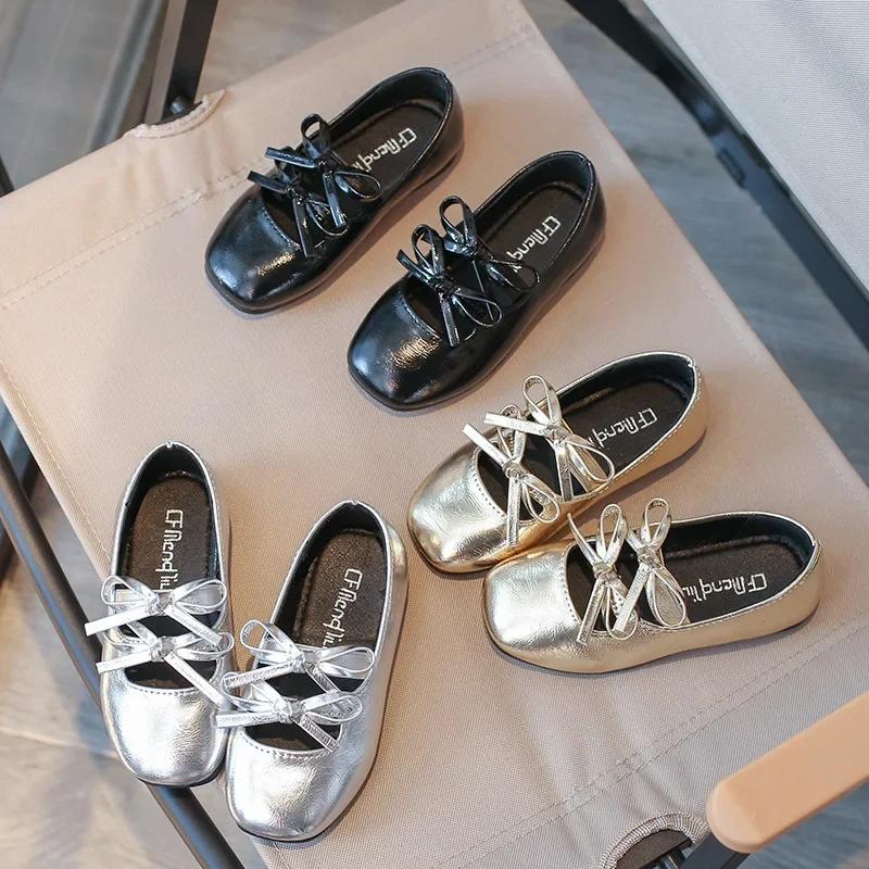 Kids Square Dance Performance Shoes Black Solid Color Girls Princess Shoe with Double Bow New Girls Leather Shoes Soft Sole