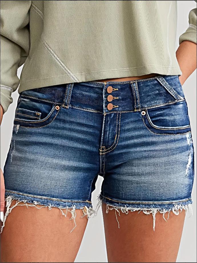 2025 Summer Women s Raw Hem Ripped Denim Shorts M средний синий