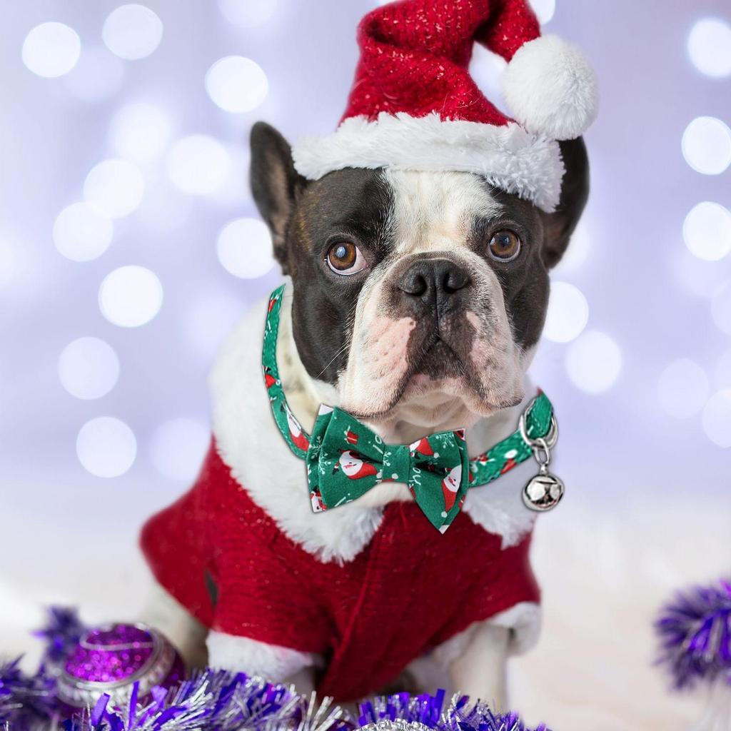 Pet Christmas Theme Print Collar With Removable Bow Tie And Bell Breakaway Buckle Safety For Puppy- Cute Pet Supplies