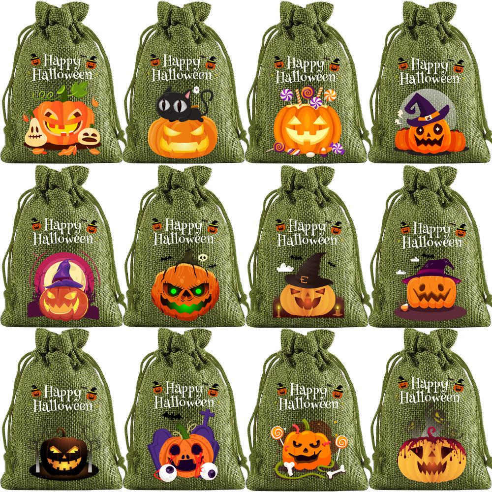 12pcs/sets Linen Halloween Gift Drawstrings Bag Black Orange Children's Candy Bag Pumpkin Burlap Bundle Drawstring Candy Bags