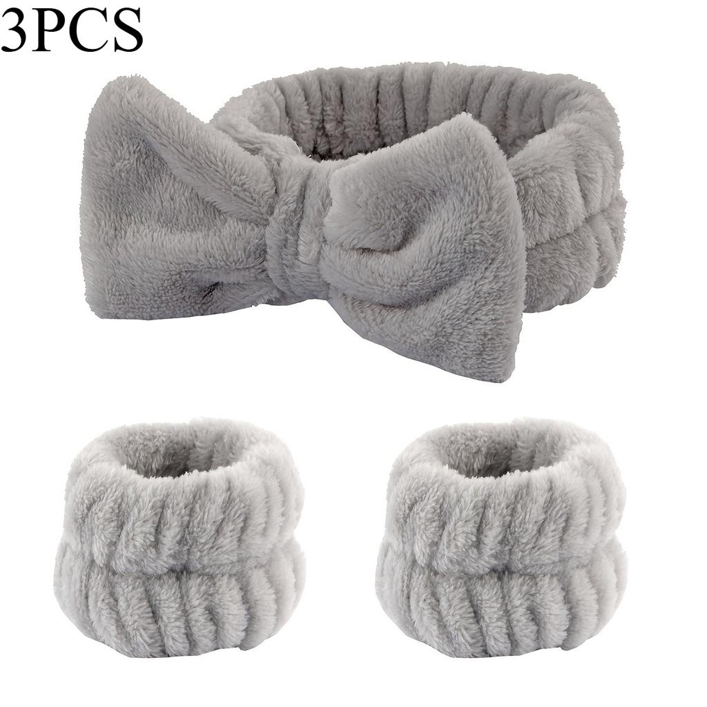 3pcs Adorable Bow Hair Band and Wristband Set, Soft Spa Headband for Washing Face, Makeup, Skincare, and Hair Styling