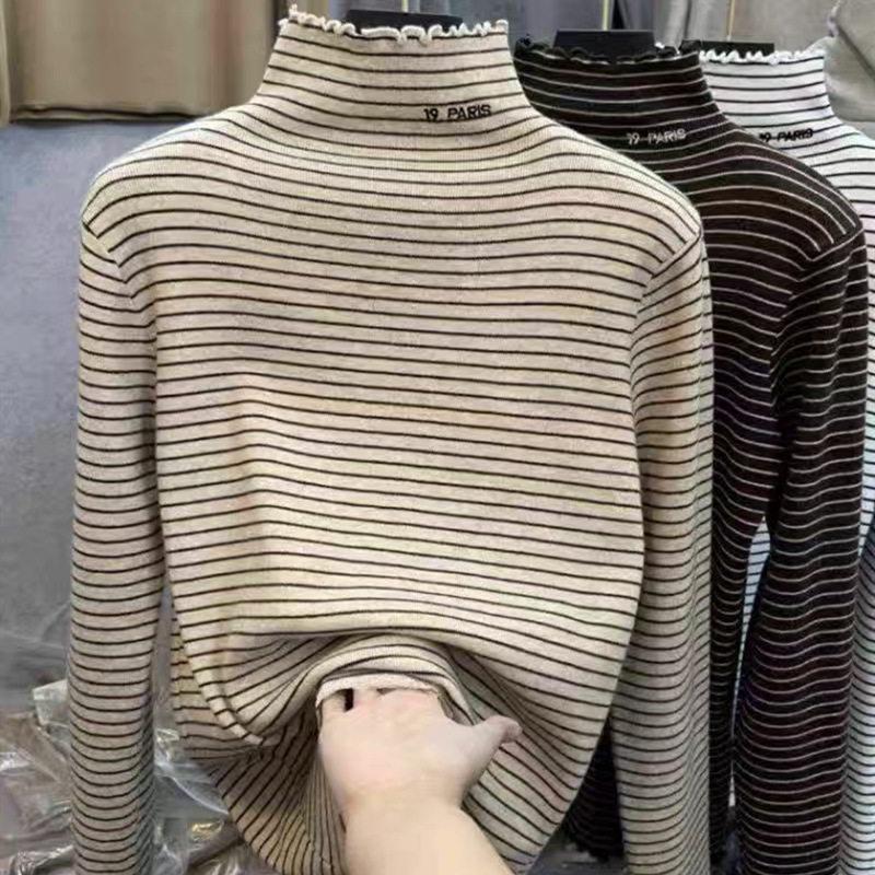 Girls Autumn Winter Striped Half Turtleneck Base Layer Shirt Long Sleeve Warm Thermal Top Korean Inner Wear