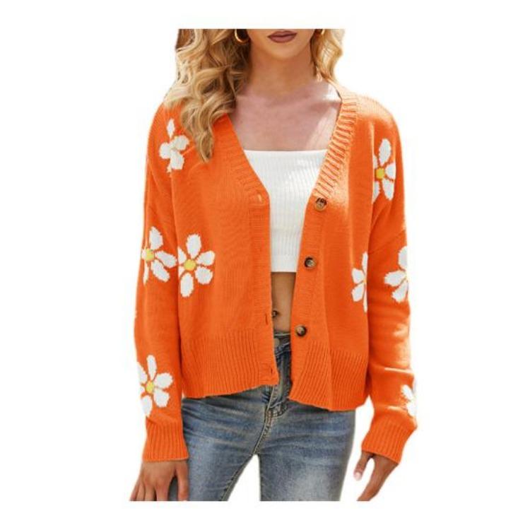 V Neck Floral Pattern Knitwear Cardigan Women Long Sleeve Button Placket Knitting Coat Sweater Jacket