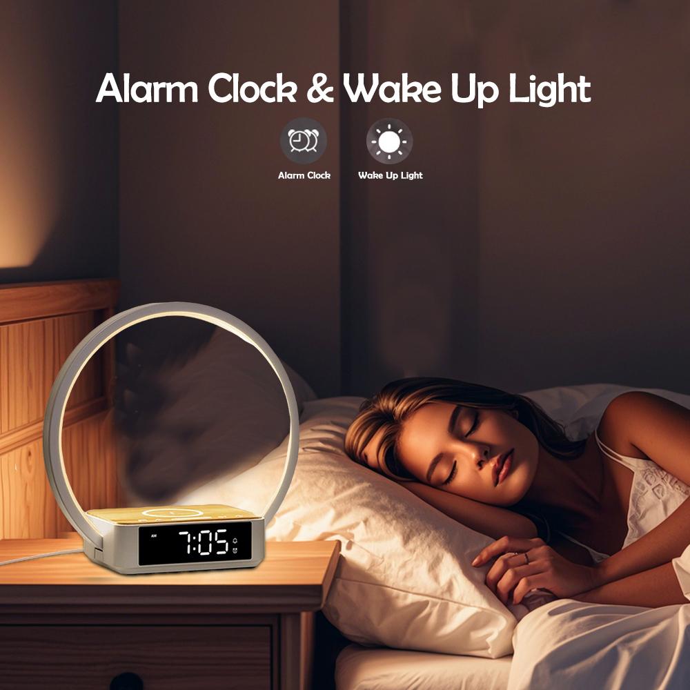 Bedside Night Light with Alarm Clock For Bedroom Touch Lamp with Wireless Charger Dimmable Wake Up Light For Birthday Gifts