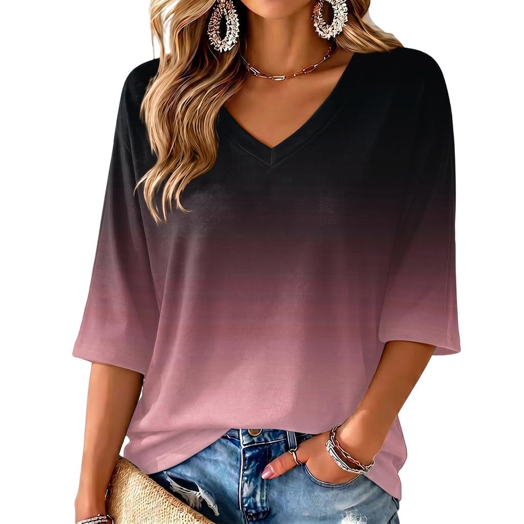 Women's V-Neck Gradient Print Blouse Lightweight for Spring and Summer
