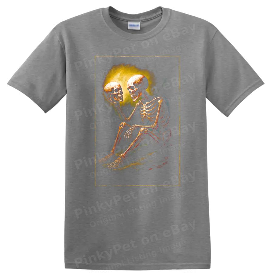 Skeleton Holding Skull T Shirt Halloween Graphic Tee Art Design Fun