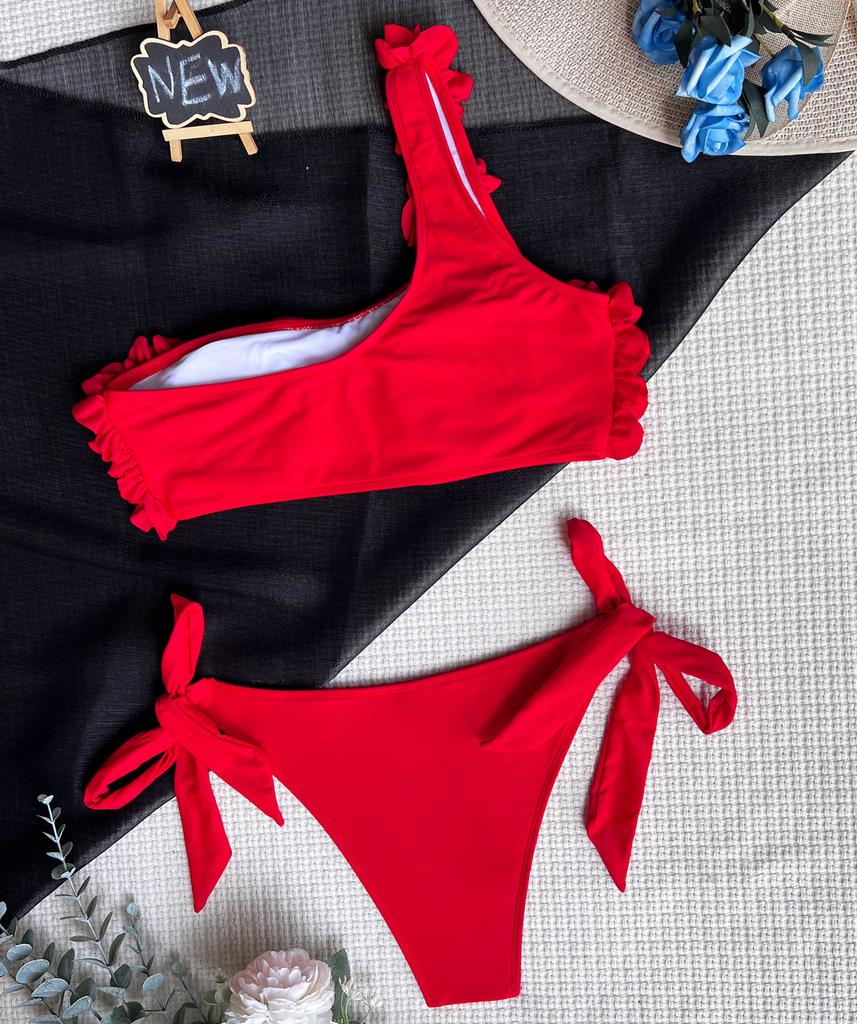 Dámské plavky jednobarevné krajka na jednom rameni Sexy bikiny tanga se zavazováním Brazilské plavky na pláž