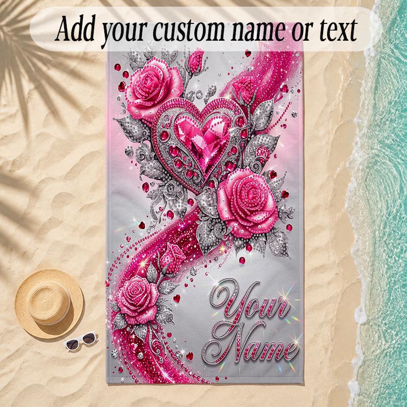 Hearts Theme Soft Beach Towel Personalized Custom Name Text Towel Portable for Beach Pool Travel