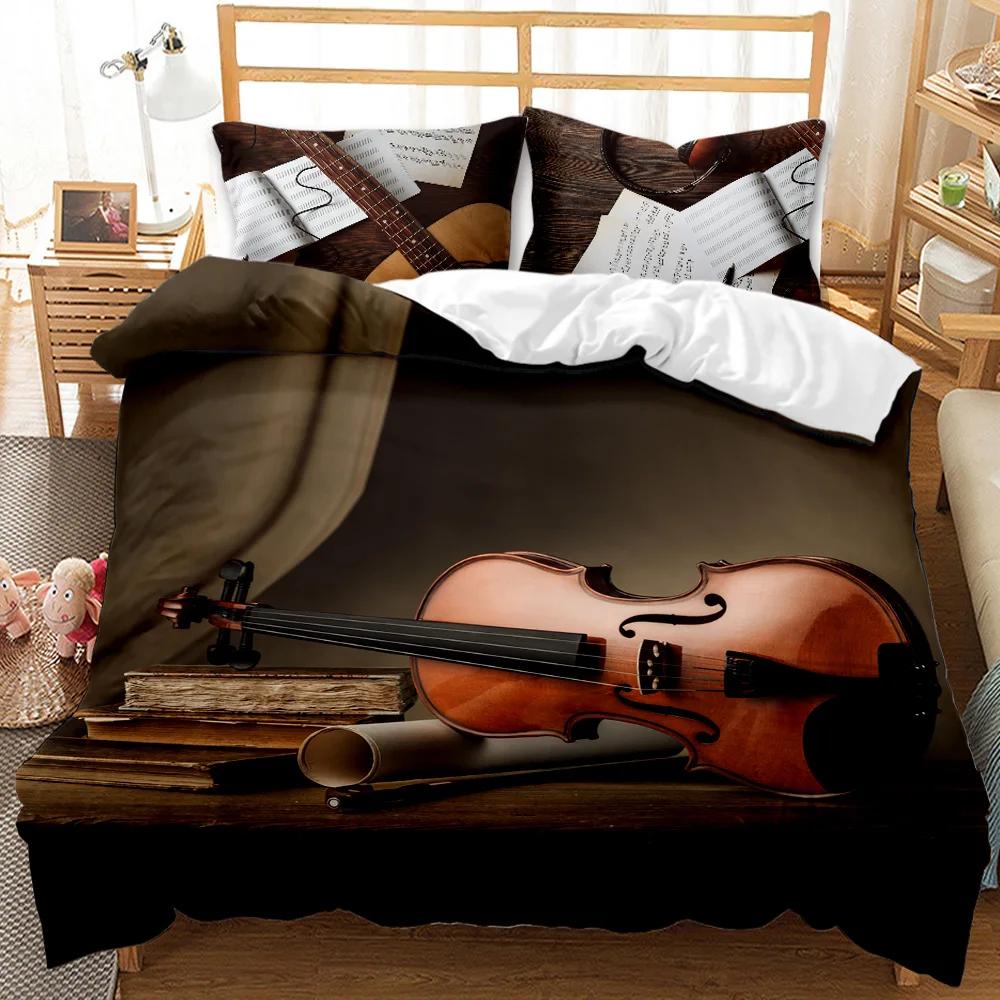 Hudební potah na přikrývku Hudba s nástrojem G-Clef Black, dvojitá sada povlečení Monochromatický kreativní rytmický zdobený polyesterový potah