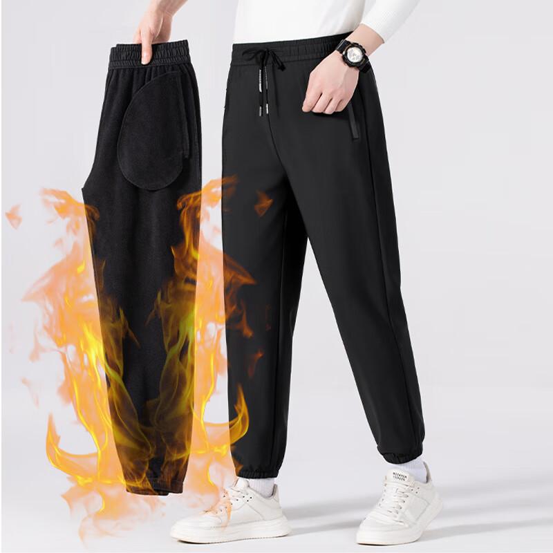 ROMON Men's Casual Pants Autumn Winter Business Fashion Stretch Warm Fleece Lined Straight Leg Sports Pants Black 1957 Model 4X