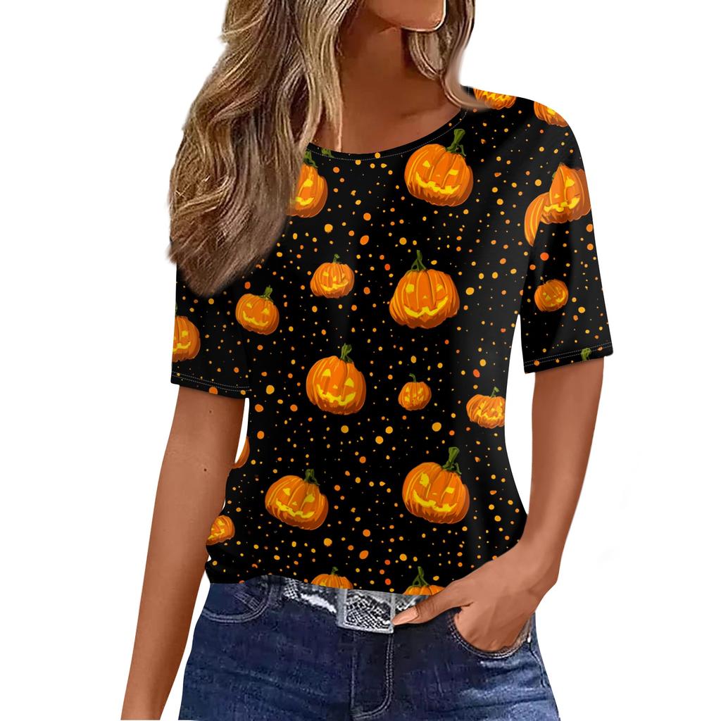 Women's Casual Short Sleeve Crewneck T-Shirt with Halloween and Pumpkin Print for Fall Parties