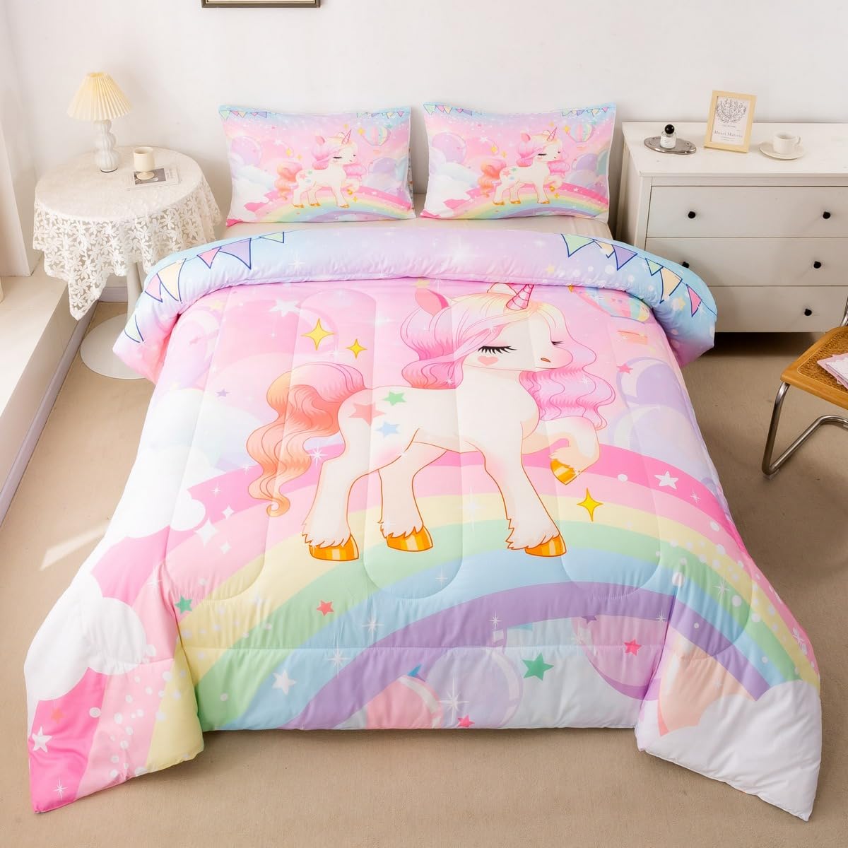 Feelyou Unicorn Girls Bedding Set Twin Rainbow Kids Pink Unicorn Comforter Set Kawaii Cute Reversible Stars Duvet Quilt Teens Children Adult 155x200cm