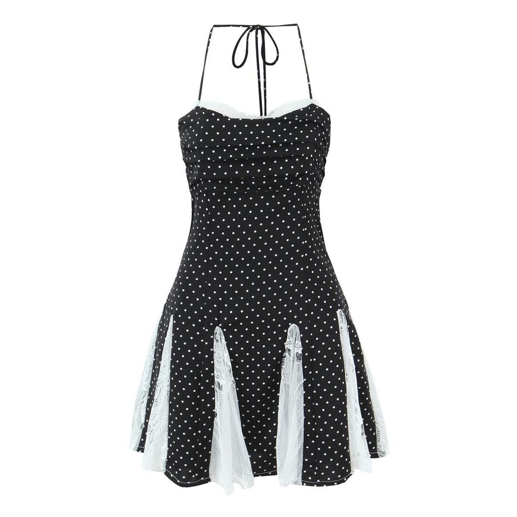 Women's Summer Sleeveless Polka Dot Color Block Cinched Waist Mini Dress